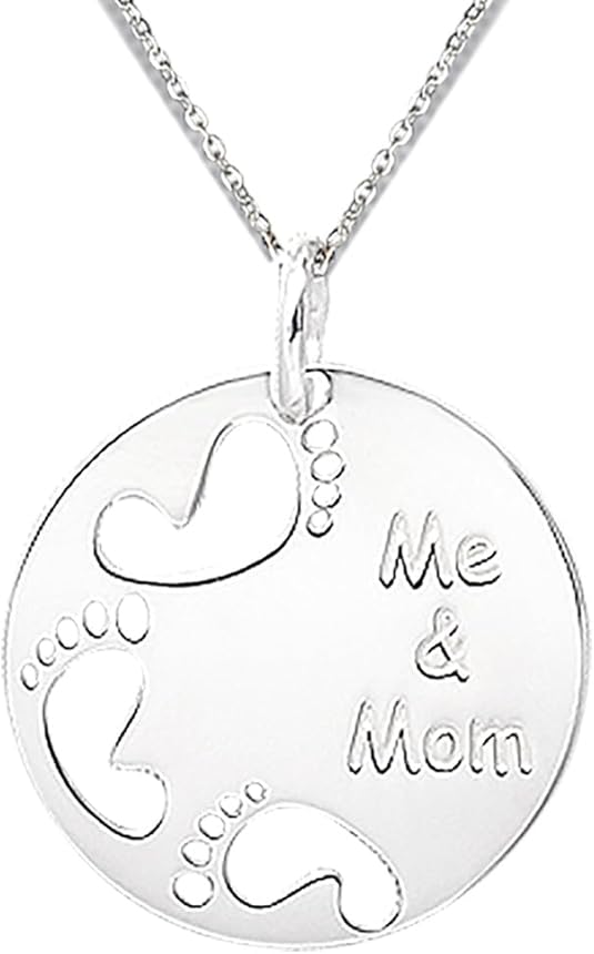 Sterling Silver ME & MOM Foot Print Small Round Charm Pendant Adjustable Necklace 24MM