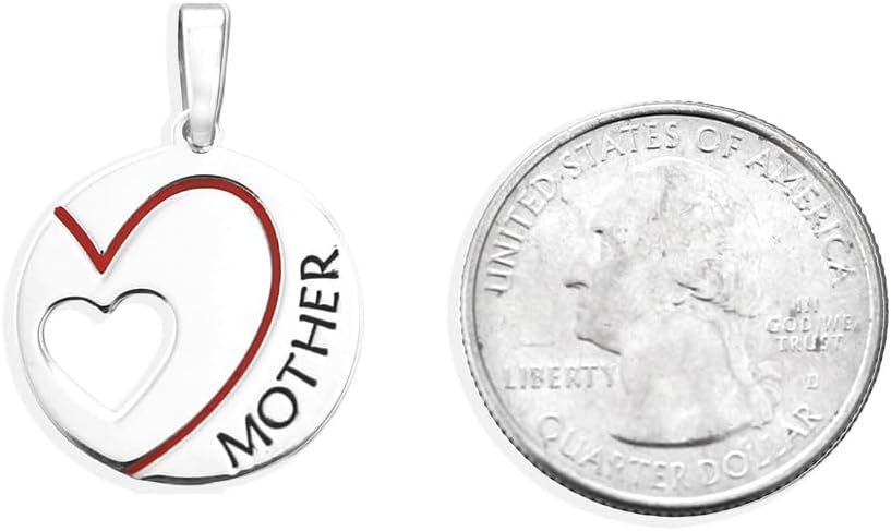 Mother Red Heart Round pendant and Box Chain Necklace 18 inches long Sterling silver 925