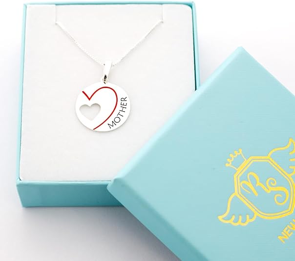 Mother Red Heart Round pendant and Box Chain Necklace 18 inches long Sterling silver 925