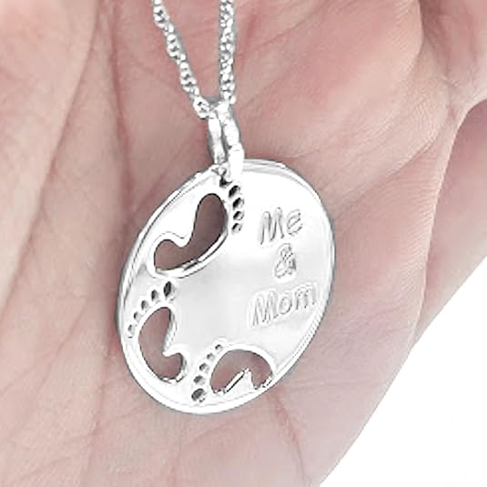 Sterling Silver ME & MOM Foot Print Small Round Charm Pendant Adjustable Necklace 24MM