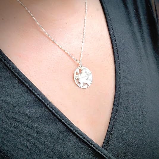 Sterling Silver ME & MOM Foot Print Small Round Charm Pendant Adjustable Necklace 24MM