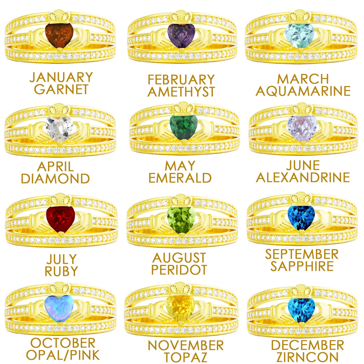 Claddagh Ring with Birthstones - Irish Celtic Love Friendship Ring Sterling Silver 925 Yellow Gold Overlay | RitaStephens