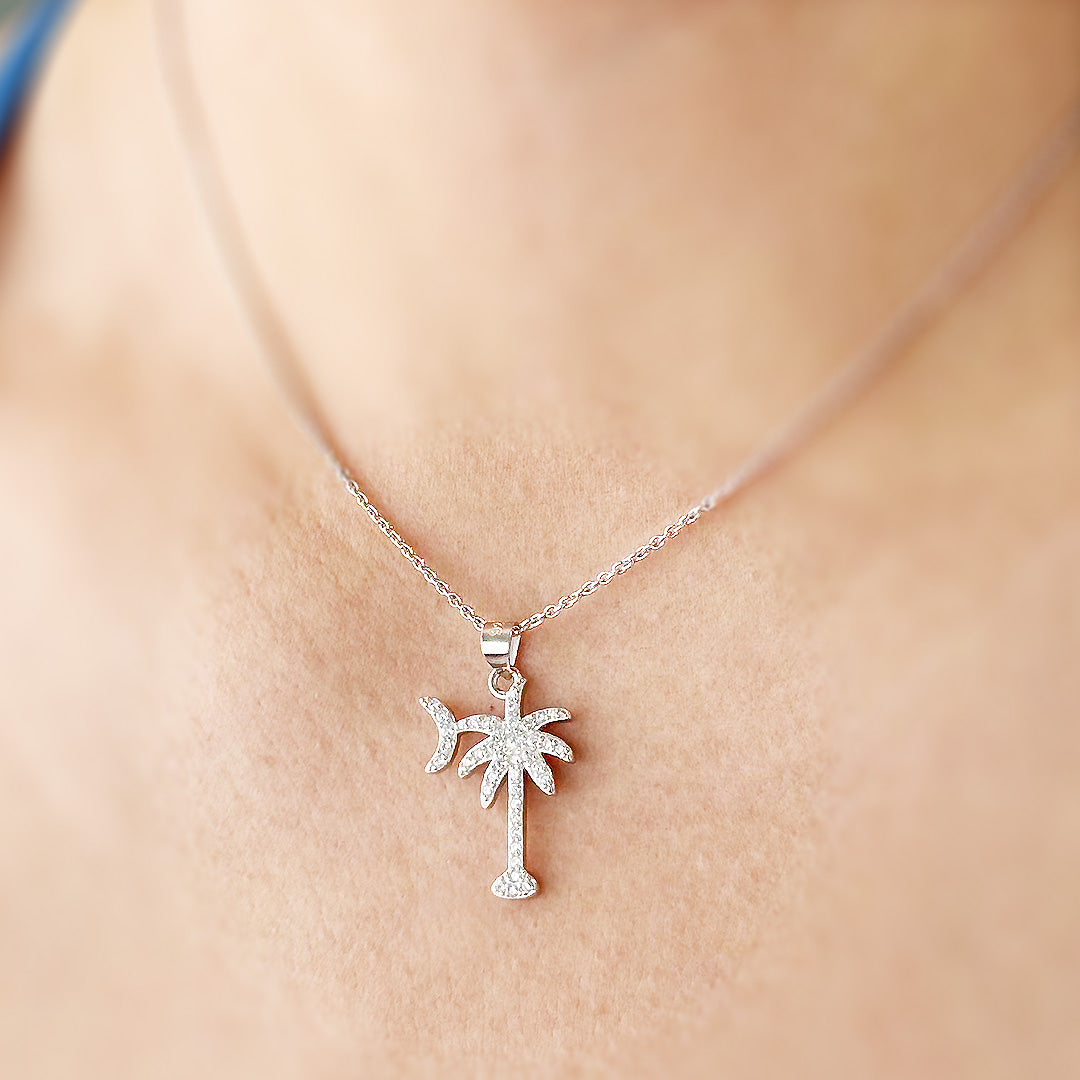 Sterling Silver Palmetto Moon Necklace with Cubic Zirconia - South Carolina Symbol Jewelry