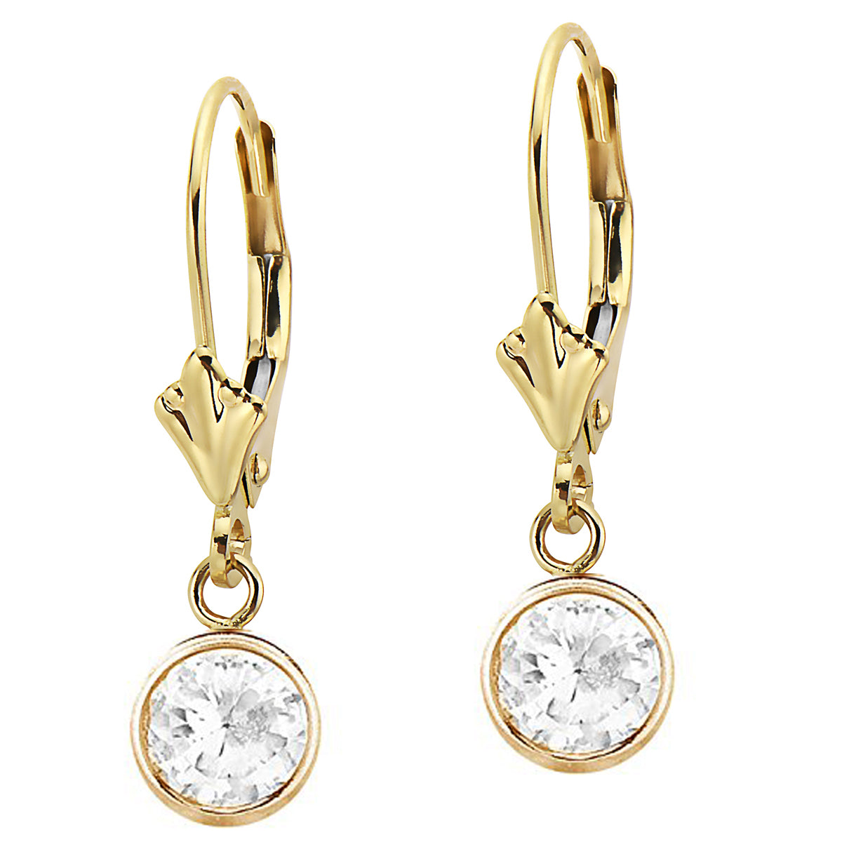 Ritastephens 14K Solid Yellow Gold Bezel Set 6mm CZ Lever Back Dangle