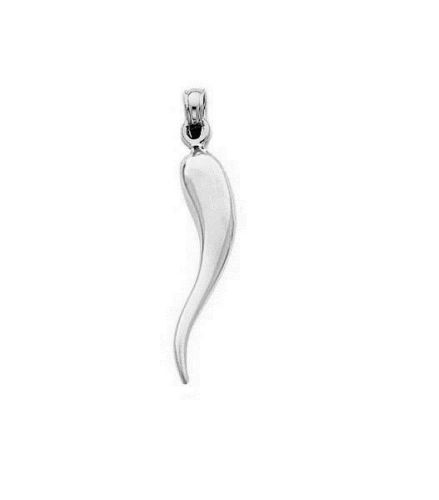 14k Real White Gold Italian Horn Charm Good luck 3D Pendant 35mm Long
