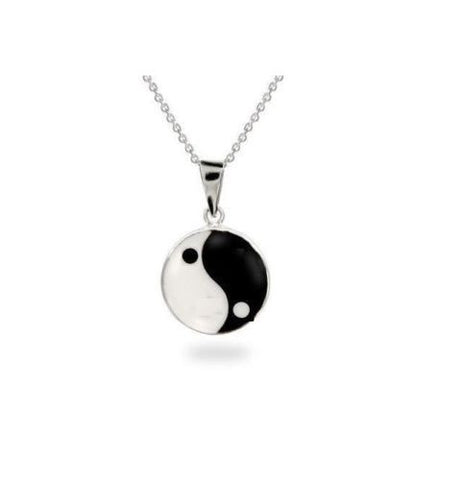 .925 Sterling Silver Yin and Yang Black White Enamel Charm Pendant Necklace 18"