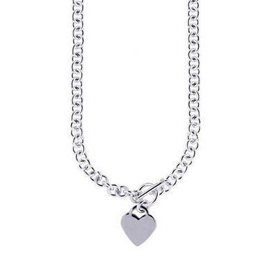 925 Sterling Silver Rhodium Charm Link Heart Tag Toggle Necklace