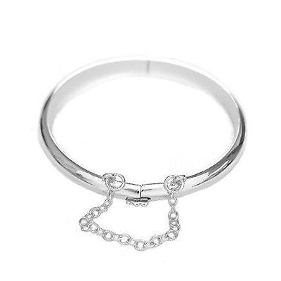 Sterling Silver Shiny Polished Finish Bangle Bracelet with Safety Chain (Front and Back Engraving)