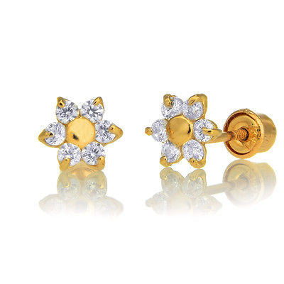 Ritastephens 14k Yellow Gold Small Baby Flower CZ Screw Back Earrings – Elegant Tiny Floral Studs, Classic 14k Gold Design, Secure Screw Back Closure