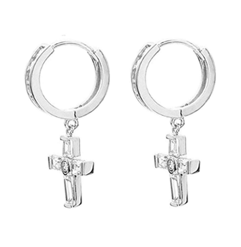 Cross Charm Cross Hoop Earrings 3x13.5mm, clear Cubic Zirconia Accent sterling silver 925