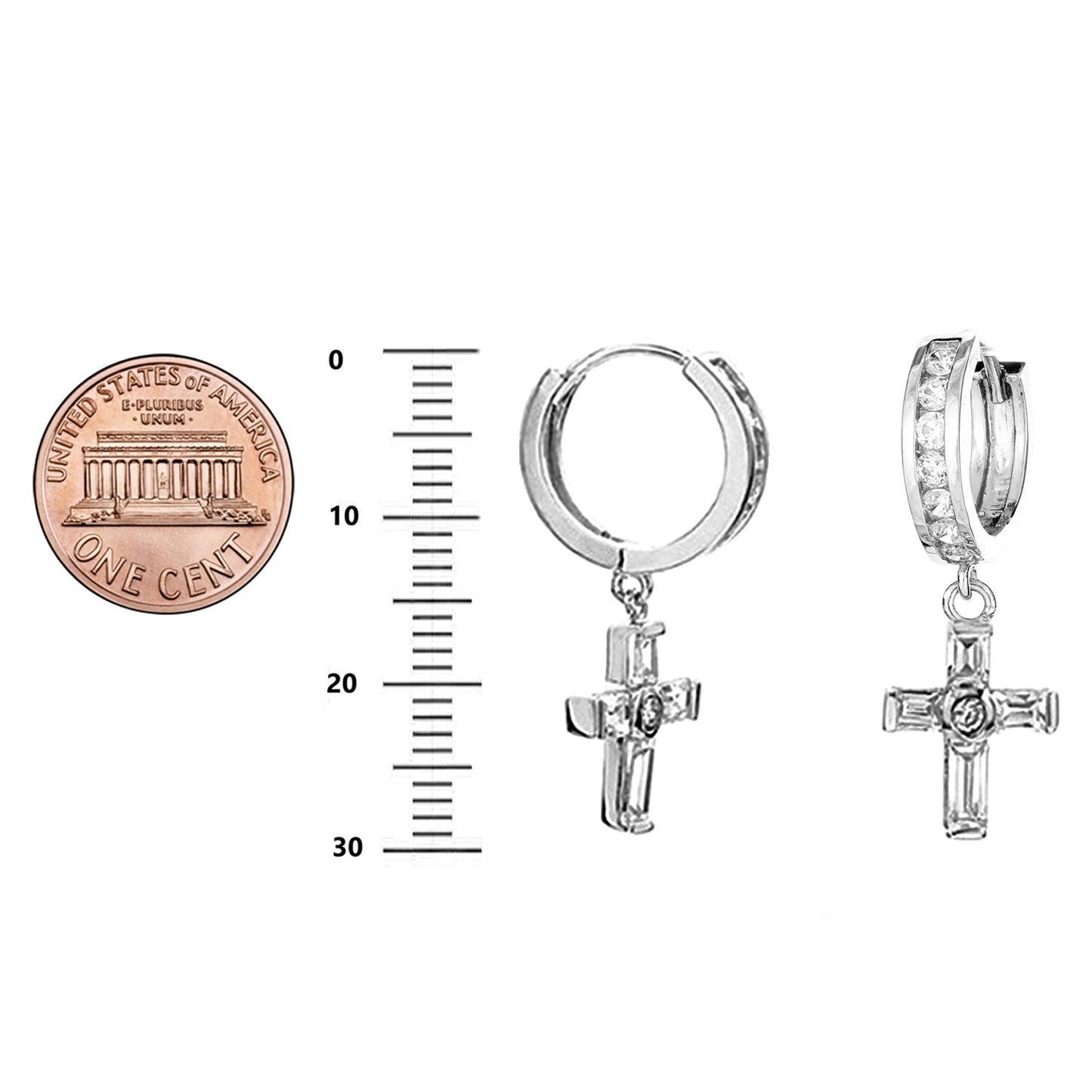 Cross Charm Cross Hoop Earrings 3x13.5mm, clear Cubic Zirconia Accent sterling silver 925