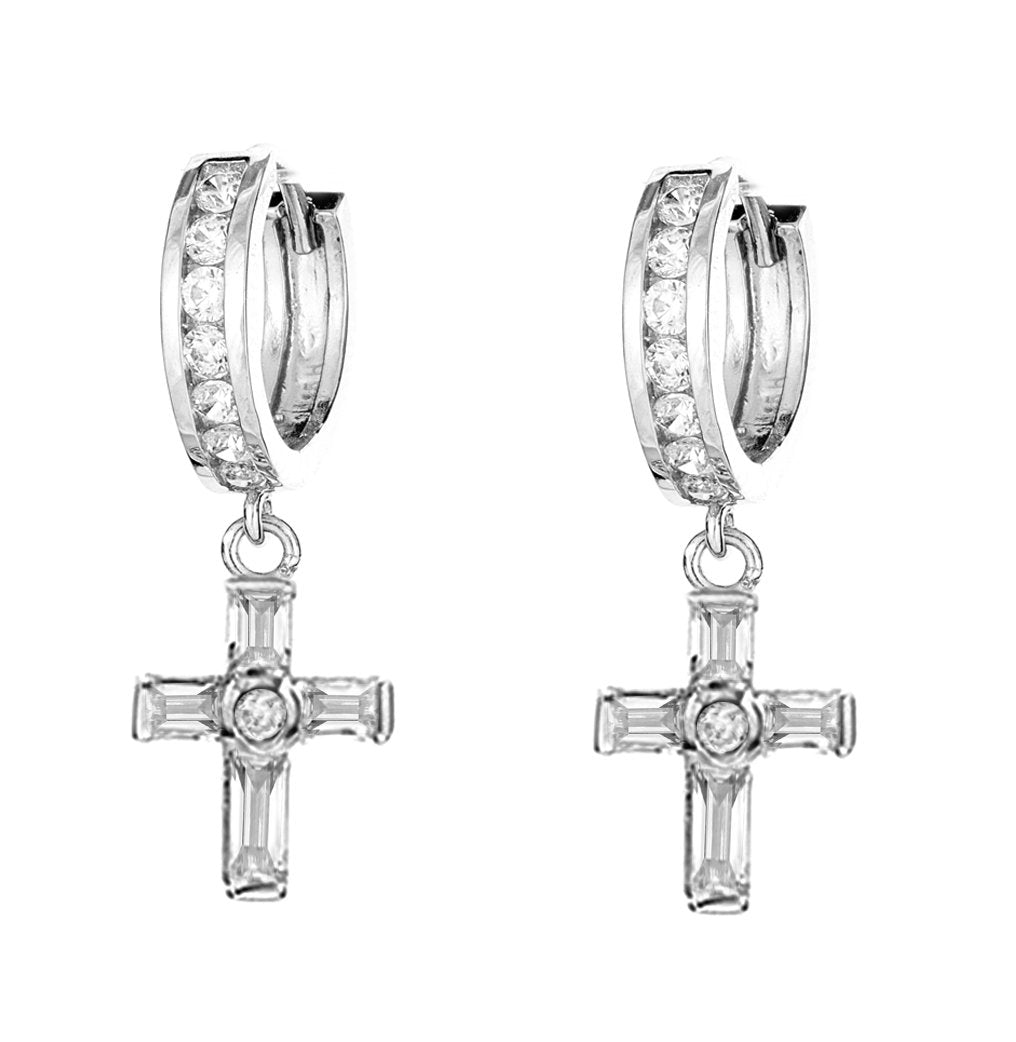 Cross Charm Cross Hoop Earrings 3x13.5mm, clear Cubic Zirconia Accent sterling silver 925