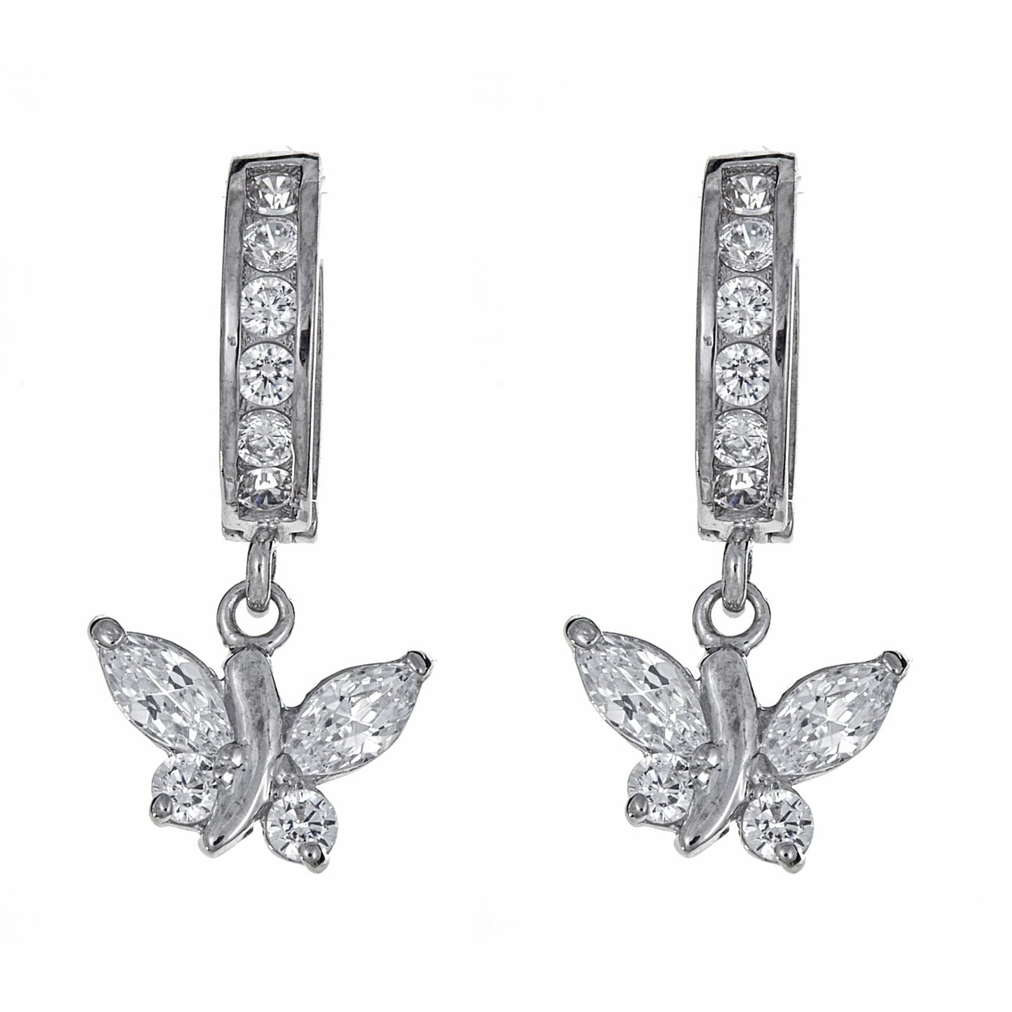 Ritastephens .925 Sterling Silver Butterfly Dangling Huggie Earrings with White CZ – 2.5x11mm, Lightweight and Sparkling CZ Stone Jewelry