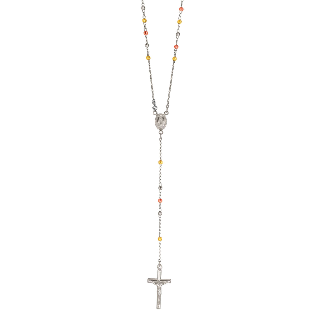 Italian Sterling Silver Tri-color multi tone 3mm and 4mm Rosary Bead Virgin Mary Cross Necklace, 24"