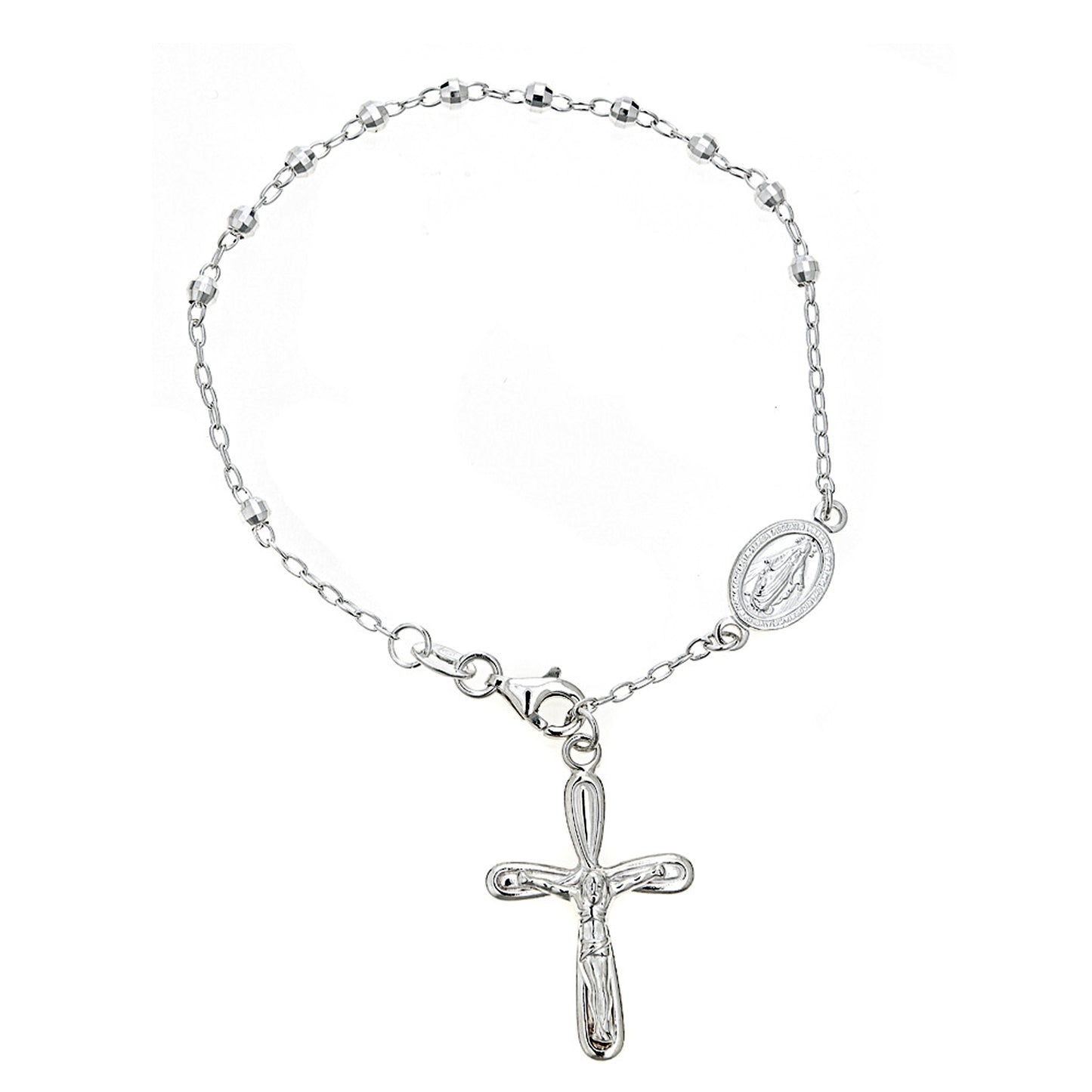Ritastephens Elegant Sterling Silver Rosary Bracelet, Featuring 3mm Diamond-Cut Beads, Virgin Mary Charm, and Dangle Cross – Religious Design with a 7.25-Inch Length for a Classic and Refined Look