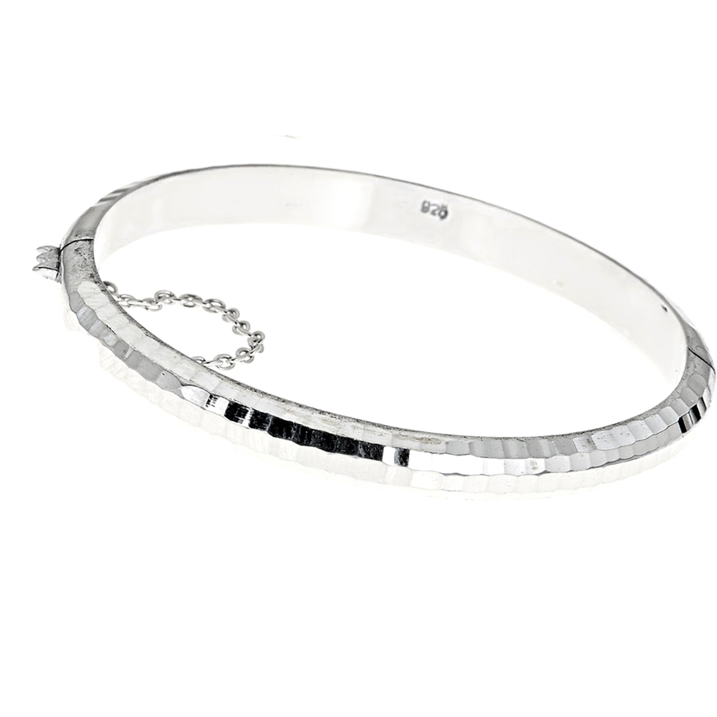 Ritastephens Charming Sterling Silver Small Hammered Textured Petite Bangle Bracelet with Safety Chain – 5 Inches, Elegant and Secure Design for Delicate Wrists