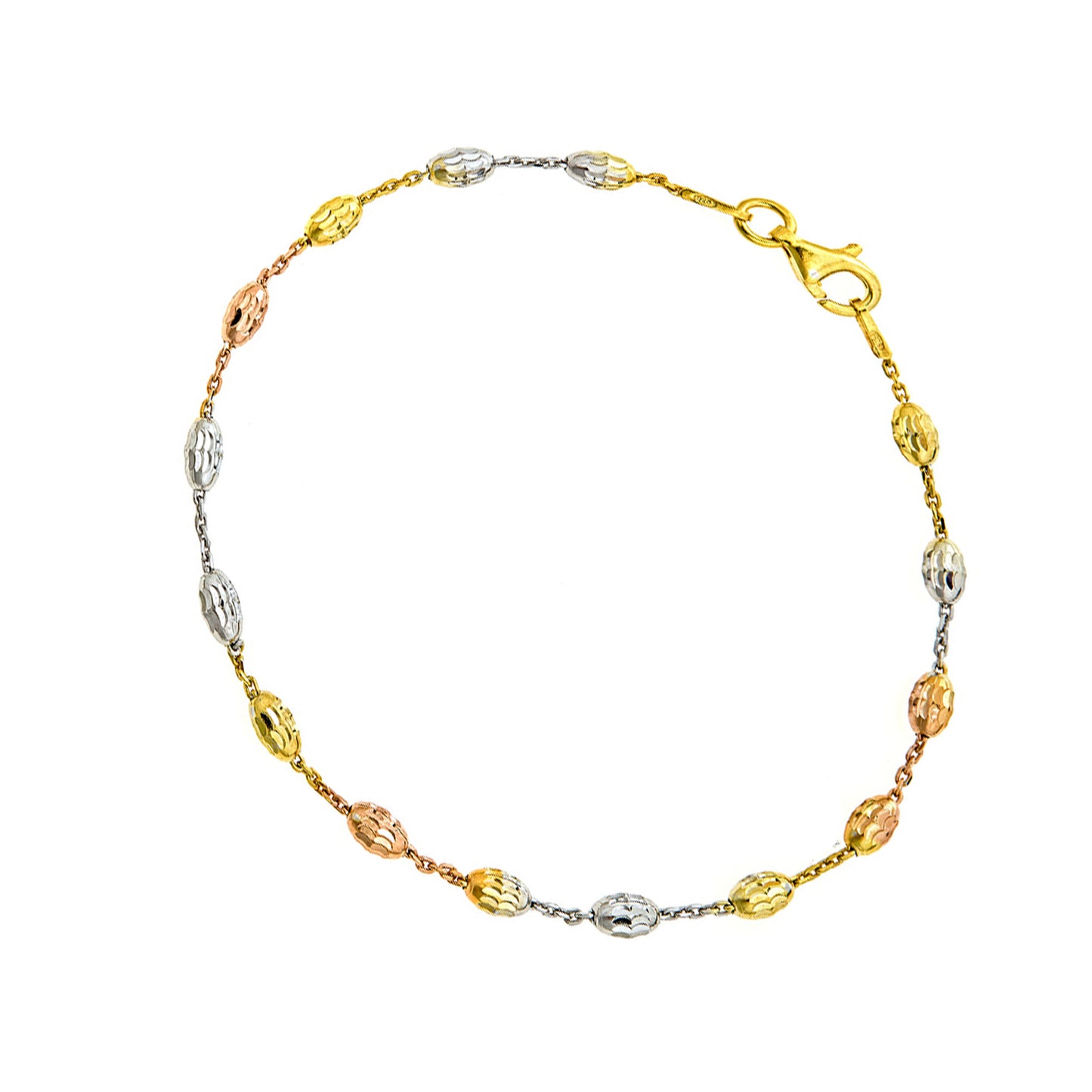 Ritastephens Luxurious Sterling Silver Tri-Color Moon-Cut Oval Station Cable Link Italian Bracelet – 7-Inch Elegant Design with Gold and Rose Gold Accents, Perfect for Any Occasion