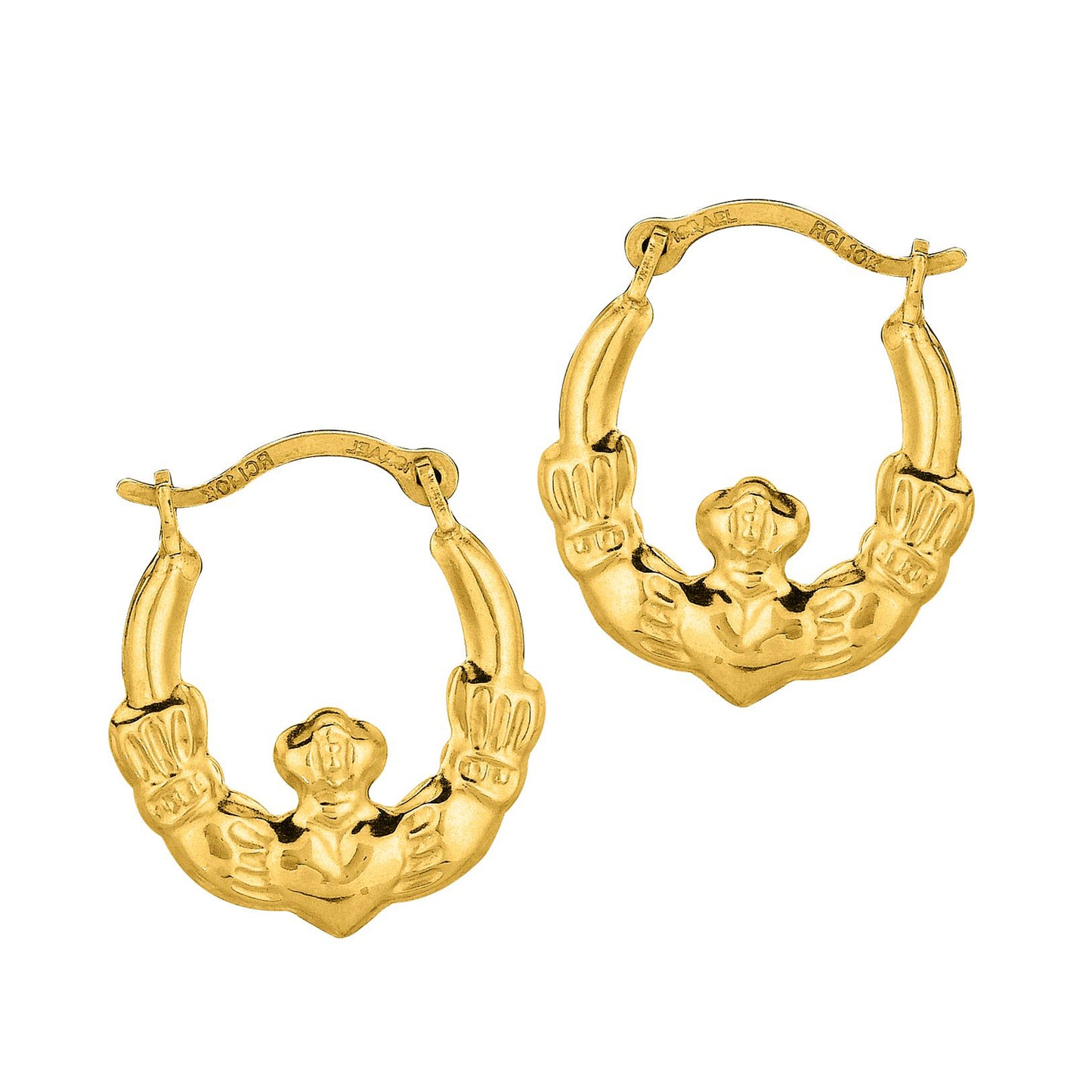 10k real yellow gold Claddagh hoop earrings 15mm in diameter