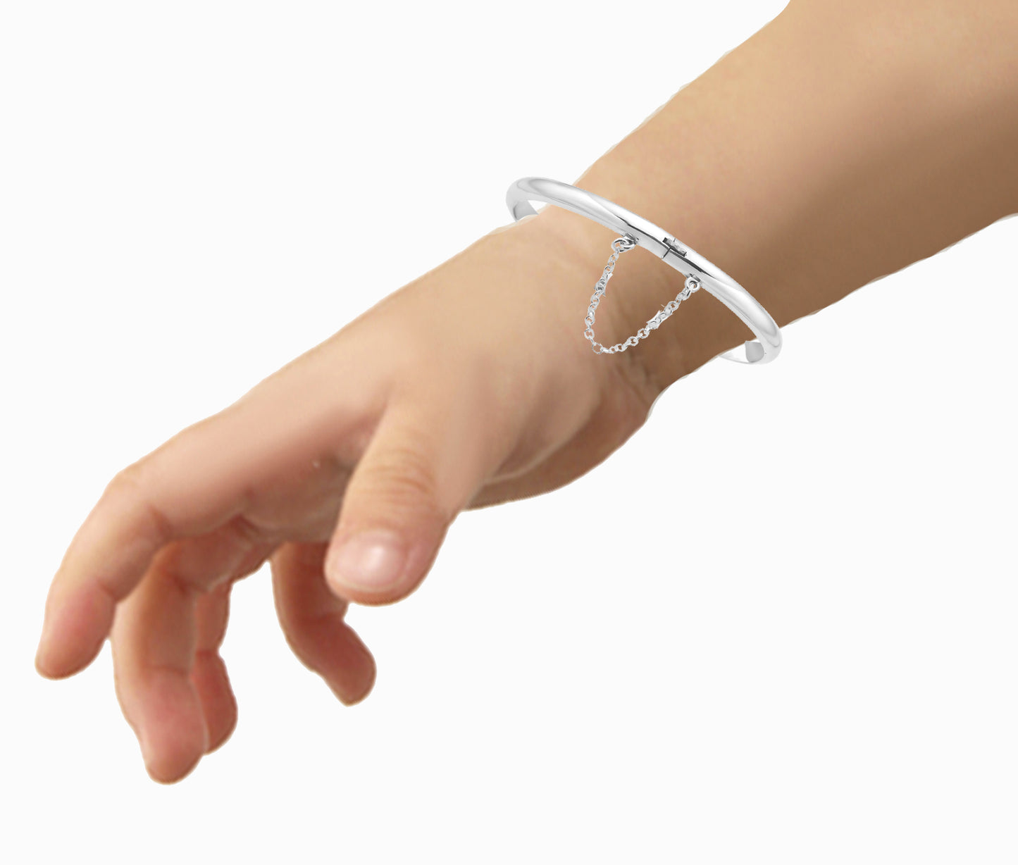 Ritastephens Elegant Sterling Silver Shiny Polished Finish Bangle Bracelet with Safety Chain, Featuring Custom Front and Back Engraving – Perfect for Personalized Gift Giving