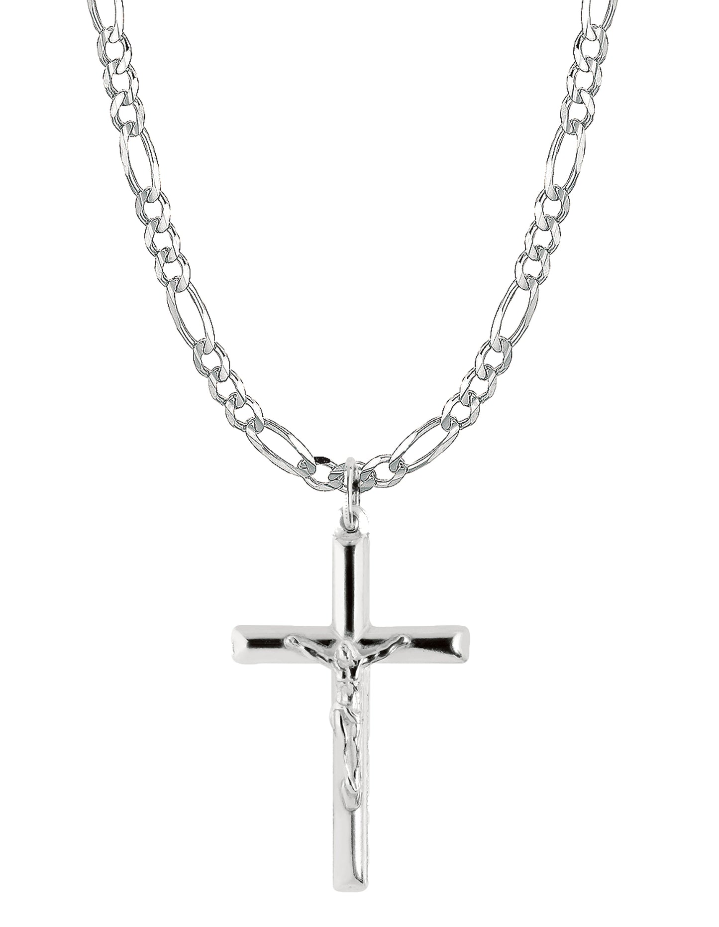 Ritastephens Sterling Silver Italian Figaro Chain Crucifix Cross Pendant - Available in 20" & 24" Lengths