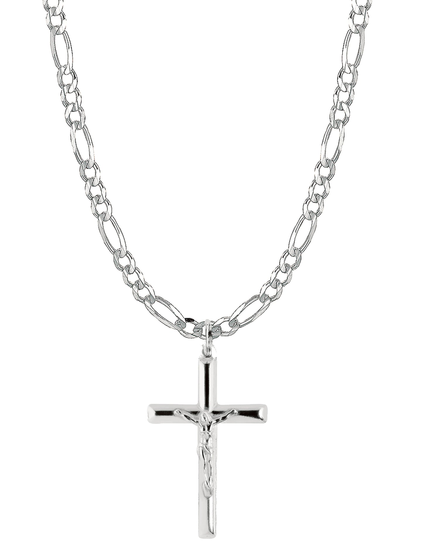Ritastephens Sterling Silver Italian Figaro Chain Crucifix Cross Pendant - Available in 20" & 24" Lengths