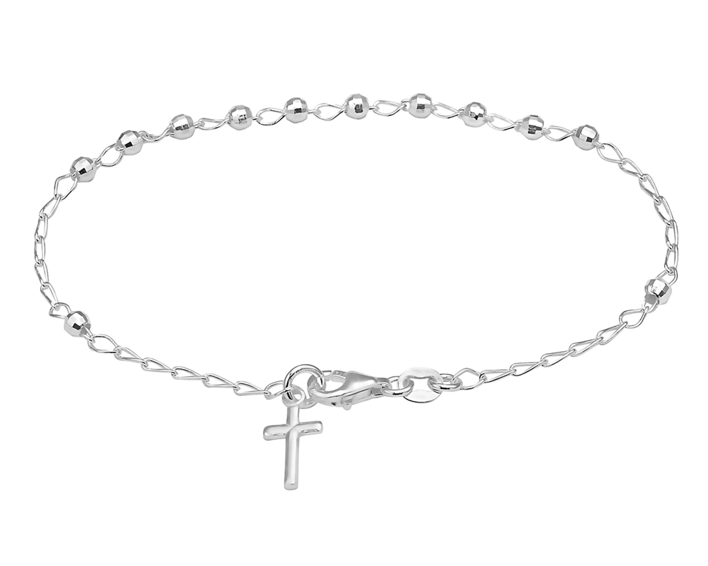 Ritastephens Stunning Sterling Silver Rosary Bracelet – Diamond-Cut Beads with Delicate Tiny Cross Dangle