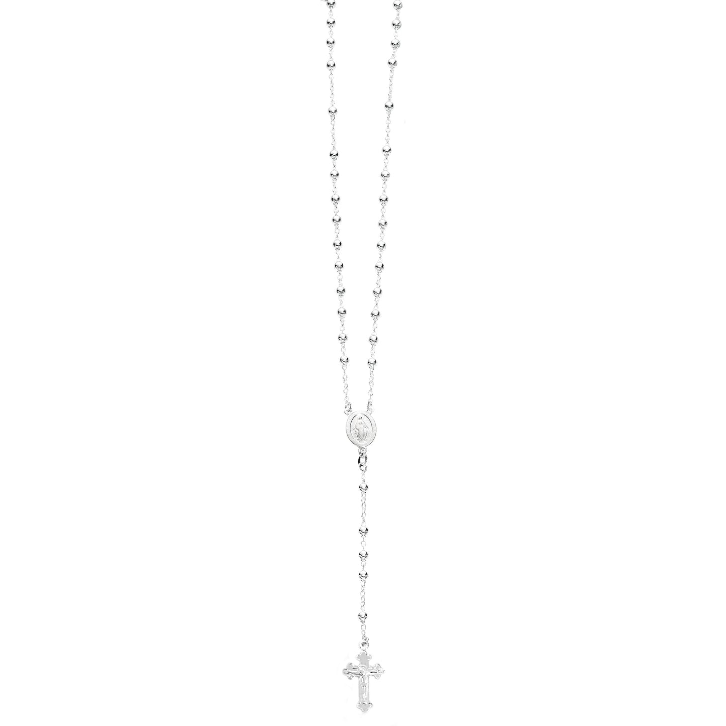 Ritastephens Elegance in Silver: Italian 3mm Rosary Bead Necklace with Virgin Mary Cross – 24” Length