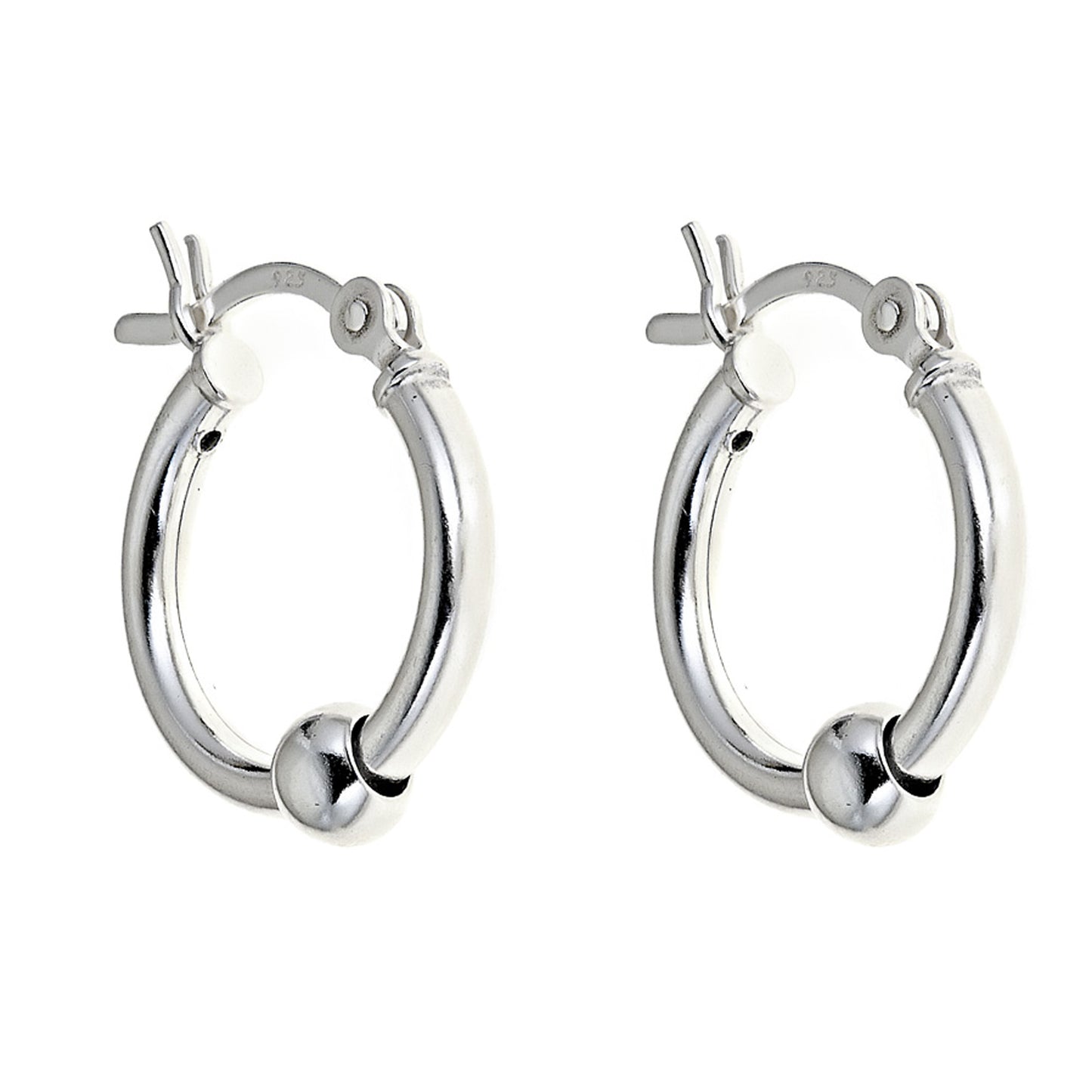 Ritastephens Sterling Silver 15mm Tubular Snap Hoop Earrings with Sliding Ball – Elegant and Contemporary Silver Jewelry – Sleek Minimalist Design