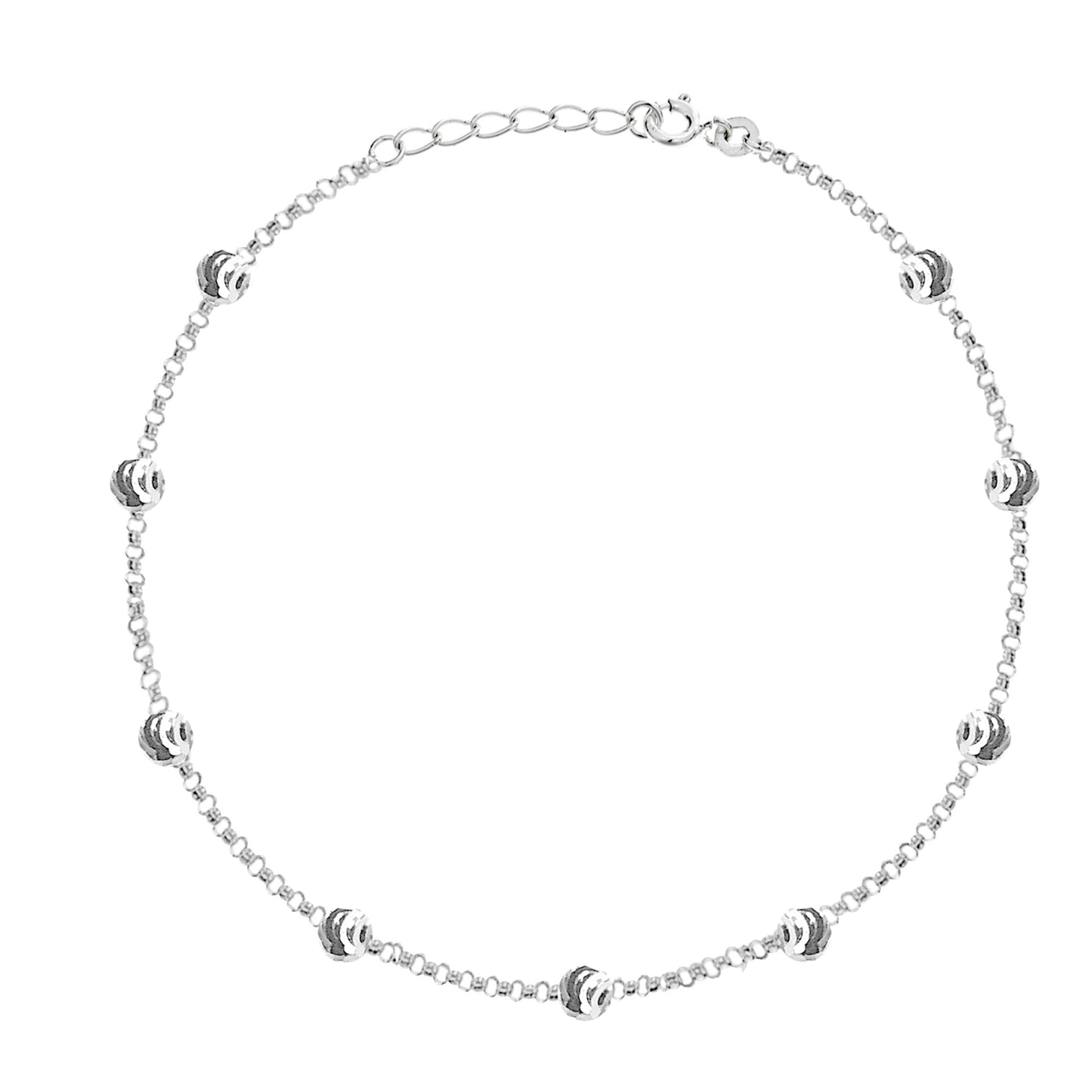Sterling Silver Adjustable Moon-Cut Bead Station Italian Cable Chain Anklet