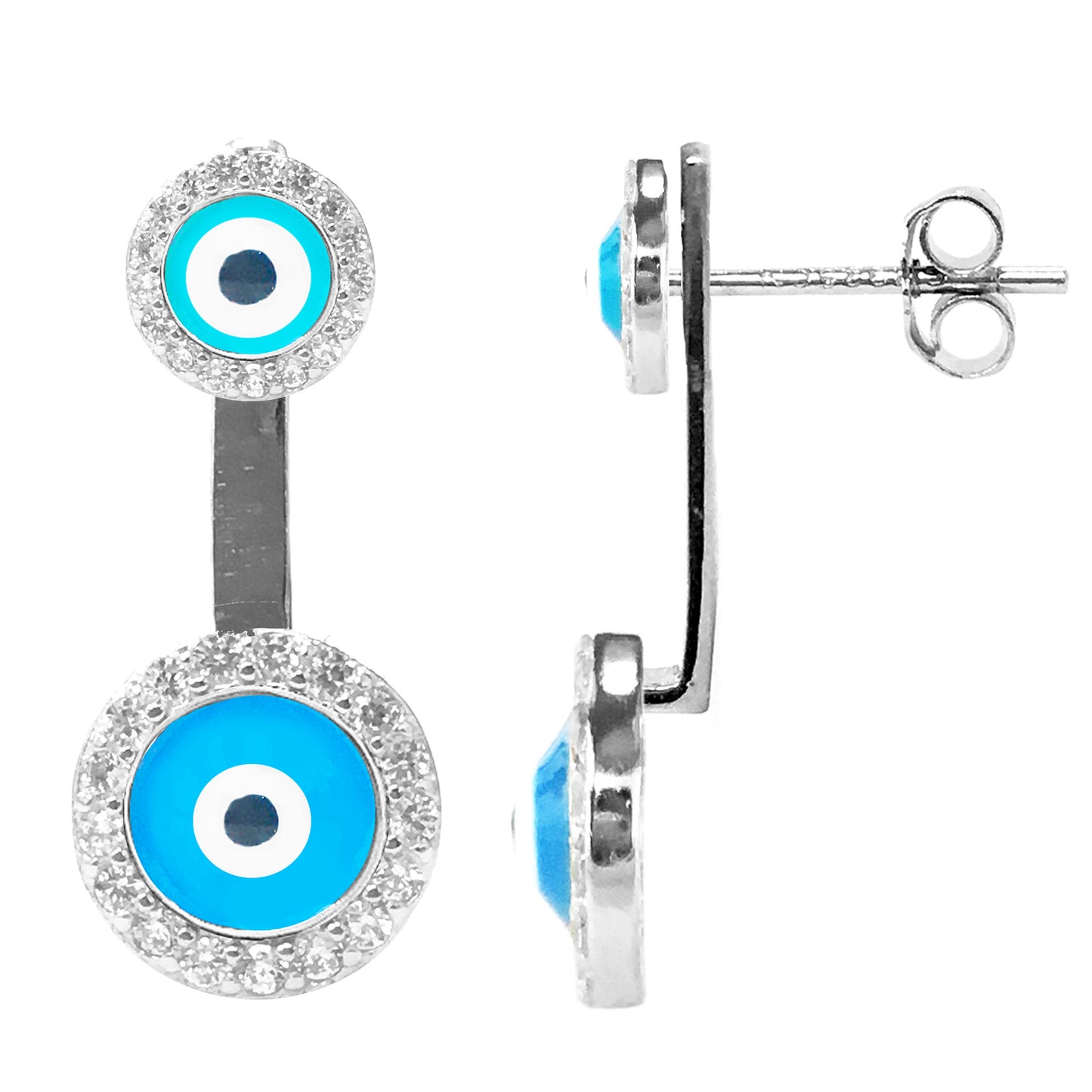 Sterling Silver Small Round Evil Eye Cubic Zirconia Front Back Dangle 2 in 1 Stud Earrings Set