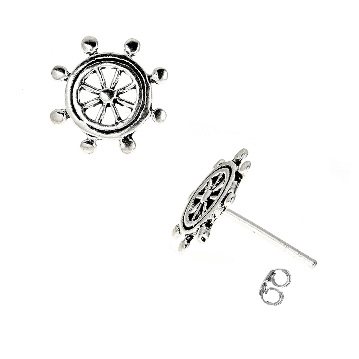 Ritastephens Sterling Silver 11mm Small Nautical Ship Wheel Stud Earrings – Elegant Marine Design with Classic Maritime Theme – Perfect Silver Nautical Jewelry