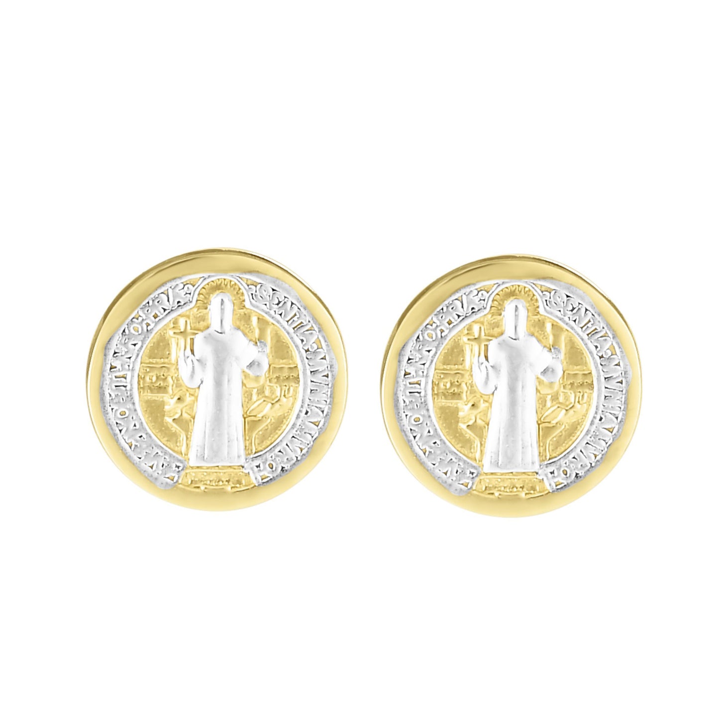 Ritastephens 14k Two-Tone Gold Saint Benedict Mini Stud Earrings – Elegant Yellow & White Gold Religious Jewelry with Timeless Charm and Craftsmanship