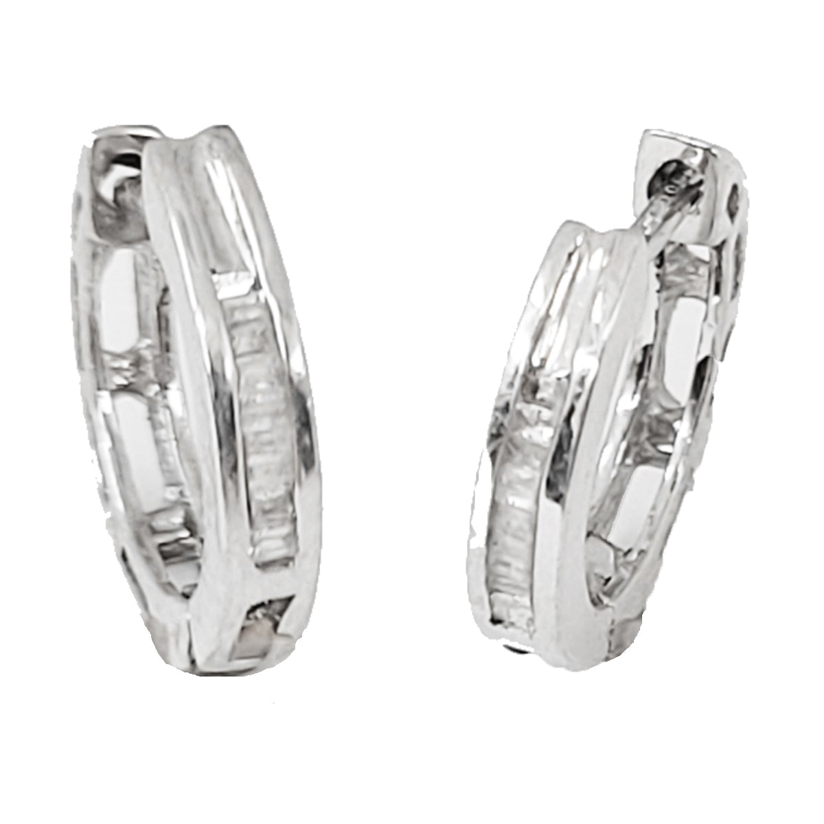 Ritastephens Sterling Silver Baguette Cut CZ Huggie Hoop Earrings - Elegant Cubic Zirconia Huggies, Classic Silver Hoops, Shiny & Polished Design