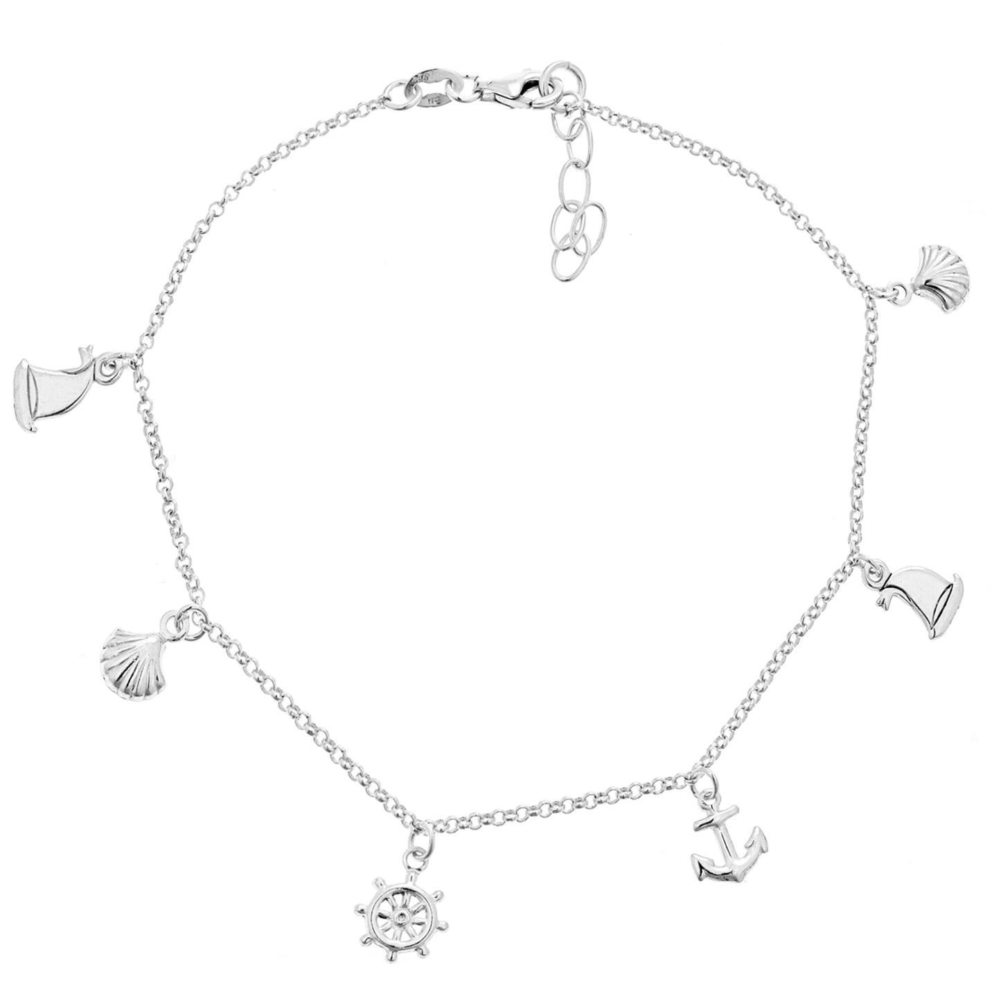 Rita Stephens 925 Sterling Silver Nautical Anklet - Adjustable 9-9.5" Charm Bracelet with Coastal and Beach Theme