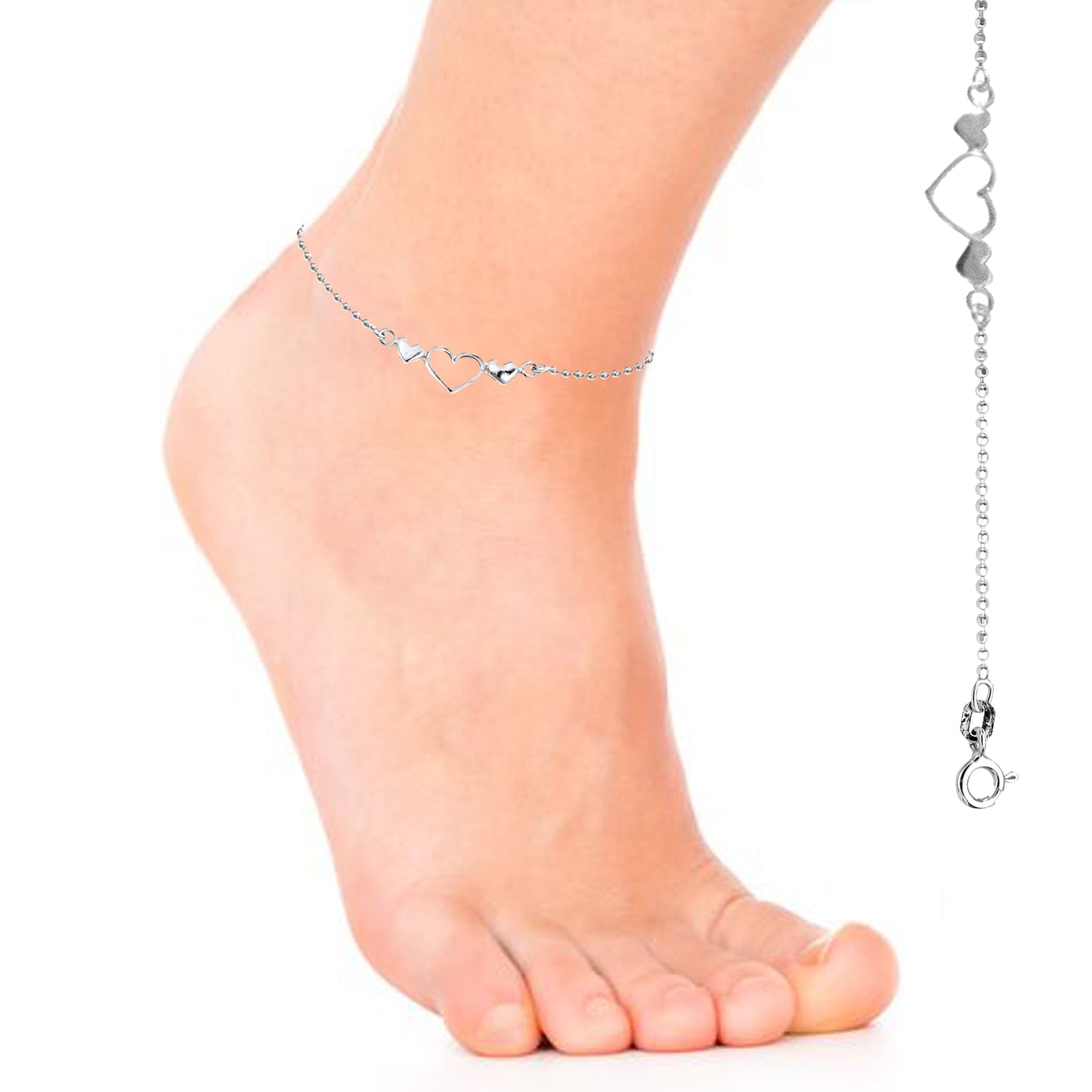 Ritastephens Charming Sterling Silver Three Hearts Beads Anklet – Adjustable 9"-10" Ankle Bracelet with Elegant Heart-Shaped Beads, Perfect for Adding a Touch of Romance to Your Look