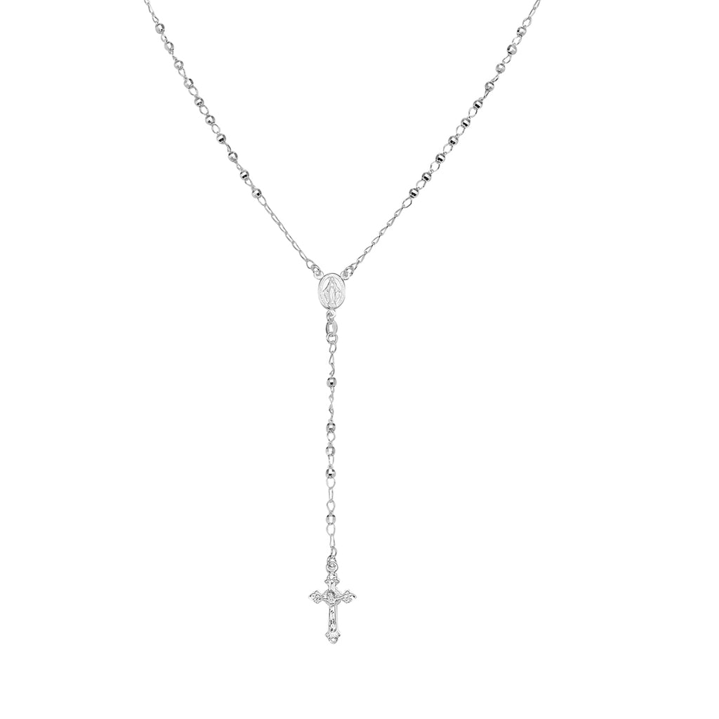 Italian Sterling Silver Diamond Cut 3mm Rosary Bead Virgin Mary Cross Necklace