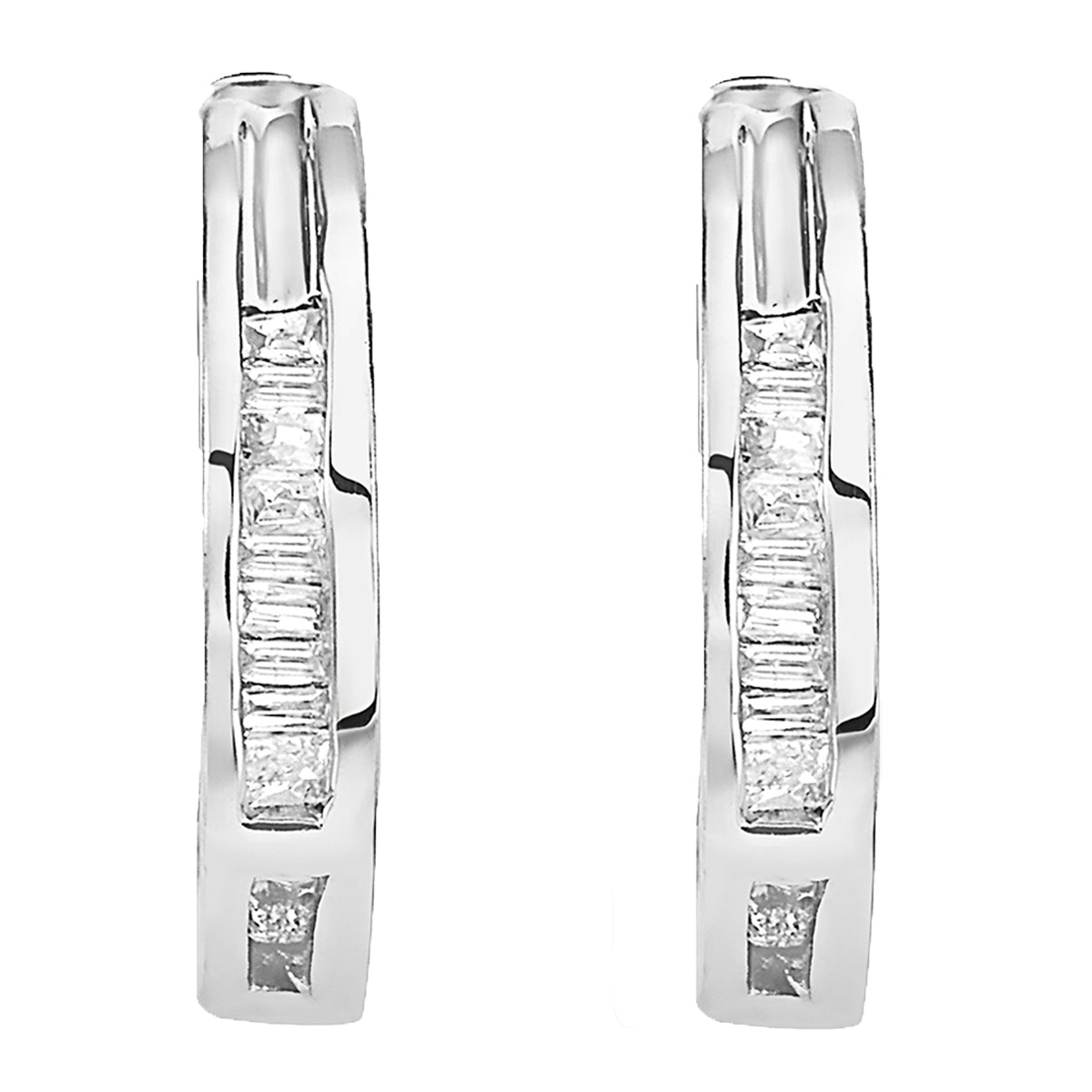 Ritastephens Sterling Silver Baguette Cut CZ Huggie Hoop Earrings - Elegant Cubic Zirconia Huggies, Classic Silver Hoops, Shiny & Polished Design