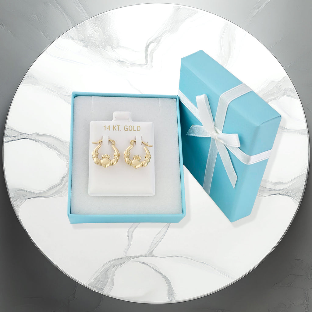 Real 14k Yellow Gold Claddagh Hoop Earrings - Genuine Irish Celtic Heart gold hoops for Men or for Women-Fine Jewelry Gift