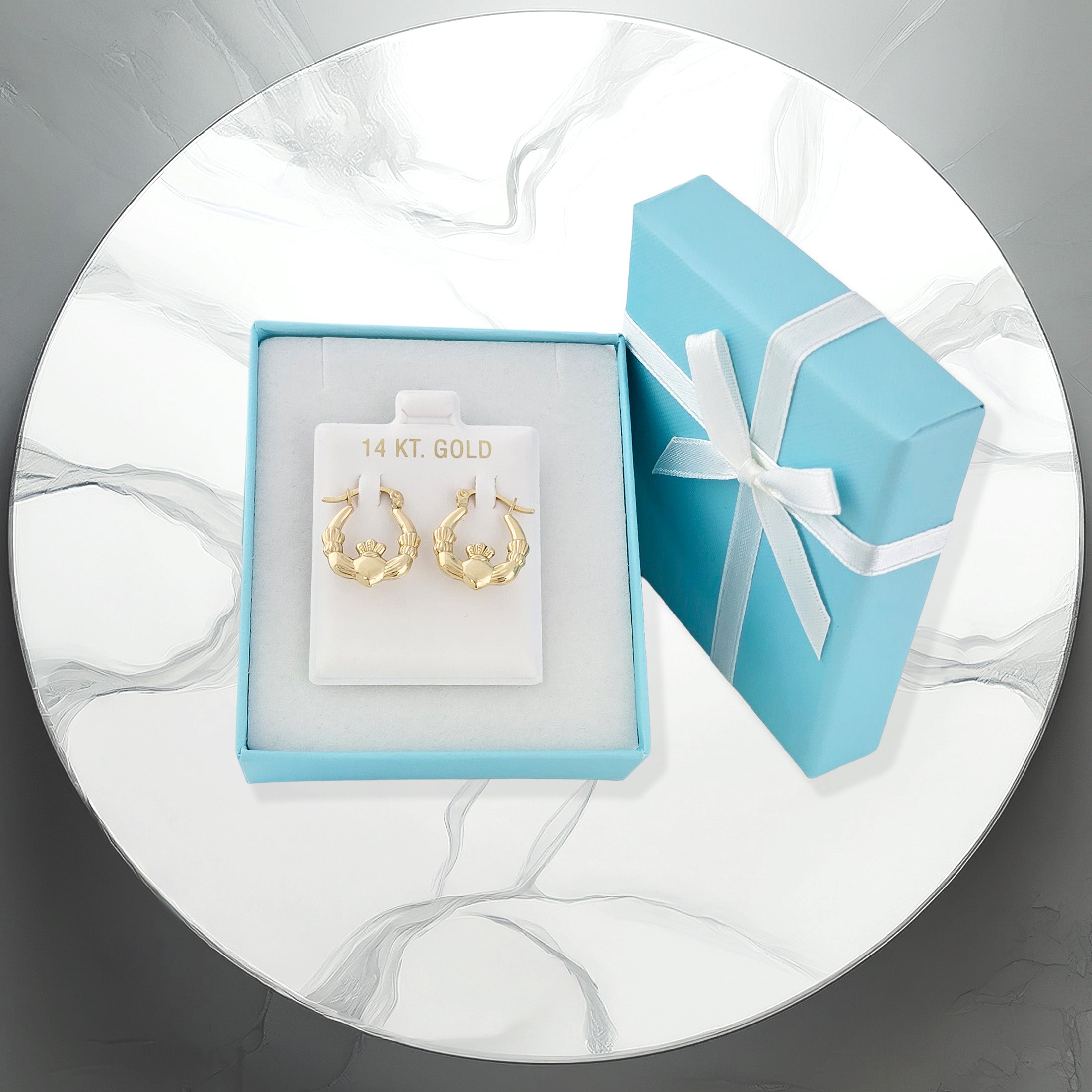 Real 14k Yellow Gold Claddagh Hoop Earrings - Genuine Irish Celtic Heart gold hoops for Men or for Women-Fine Jewelry Gift