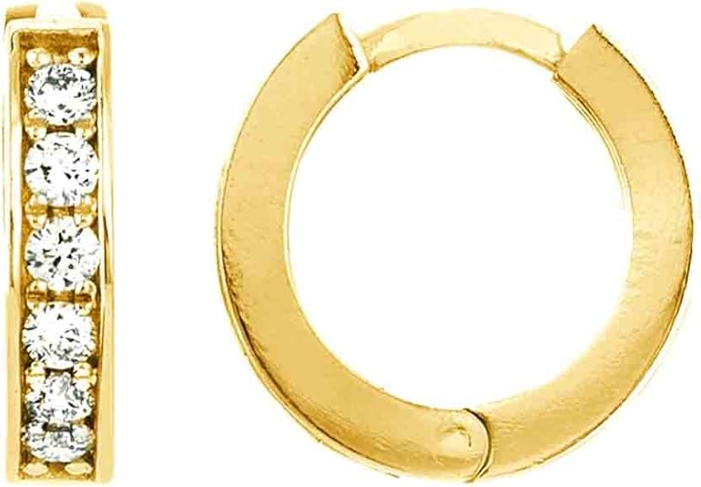 10K Solid Yellow Gold Mini Huggie Hoops 2x10mm Cubic Zirconia Channel-set Earrings