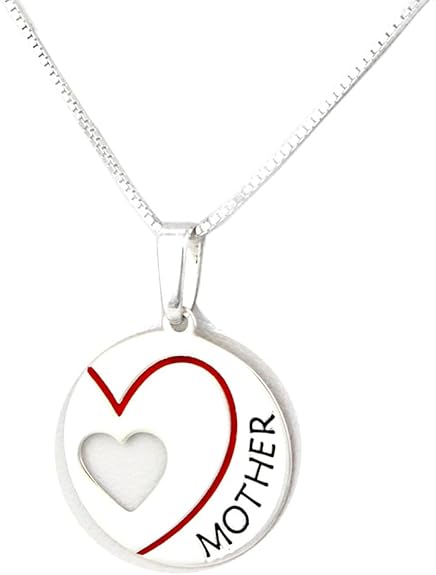 <p>18", 20", and 24" options available<br>perfectly crafted necklace for your super special mom. this beautiful mother's day necklace features a red enamel heart silhouette and a cutout heart with the word "mother" in bold black uppercase letters for a striking contrast.</p>
<p>the round pendant, measuring 20mm in diameter (not including the bale), has a shiny polished finish that adds a modern and elegant touch.</p>
<p>each necklace includes a classic box chain available in your choice of 18", 20", or 24" 