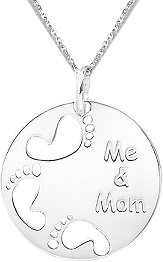 Sterling Silver ME & MOM Foot Print Small Round Charm Pendant Adjustable Necklace 24MM