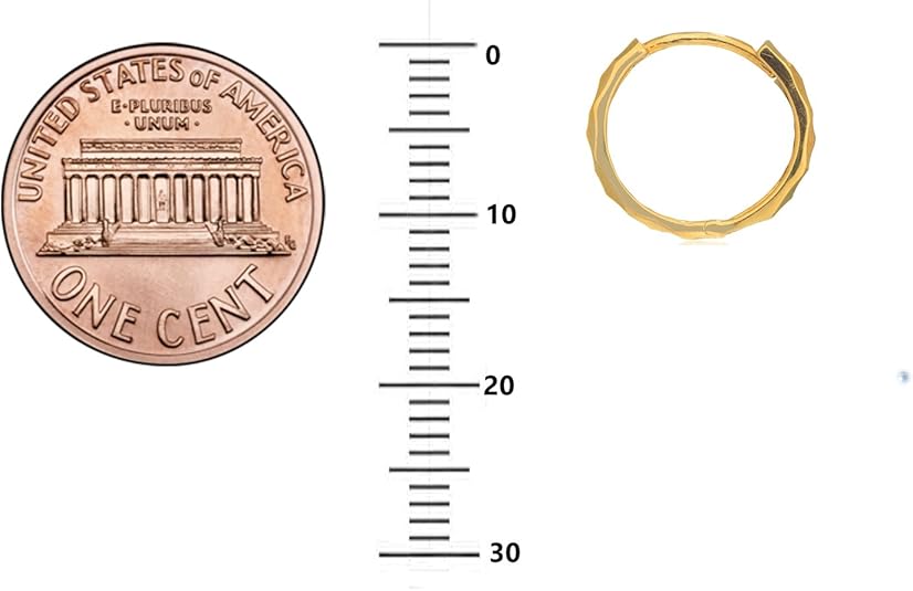 10K Genuine Yellow Gold Diamond Cut Huggie Hoop Earrings | 12mm x 2mm