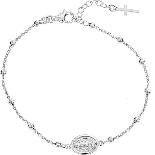 Sterling Silver Miraculous Medal Rosary Anklet with Cross, Adjustable Dainty Faith Jewelry