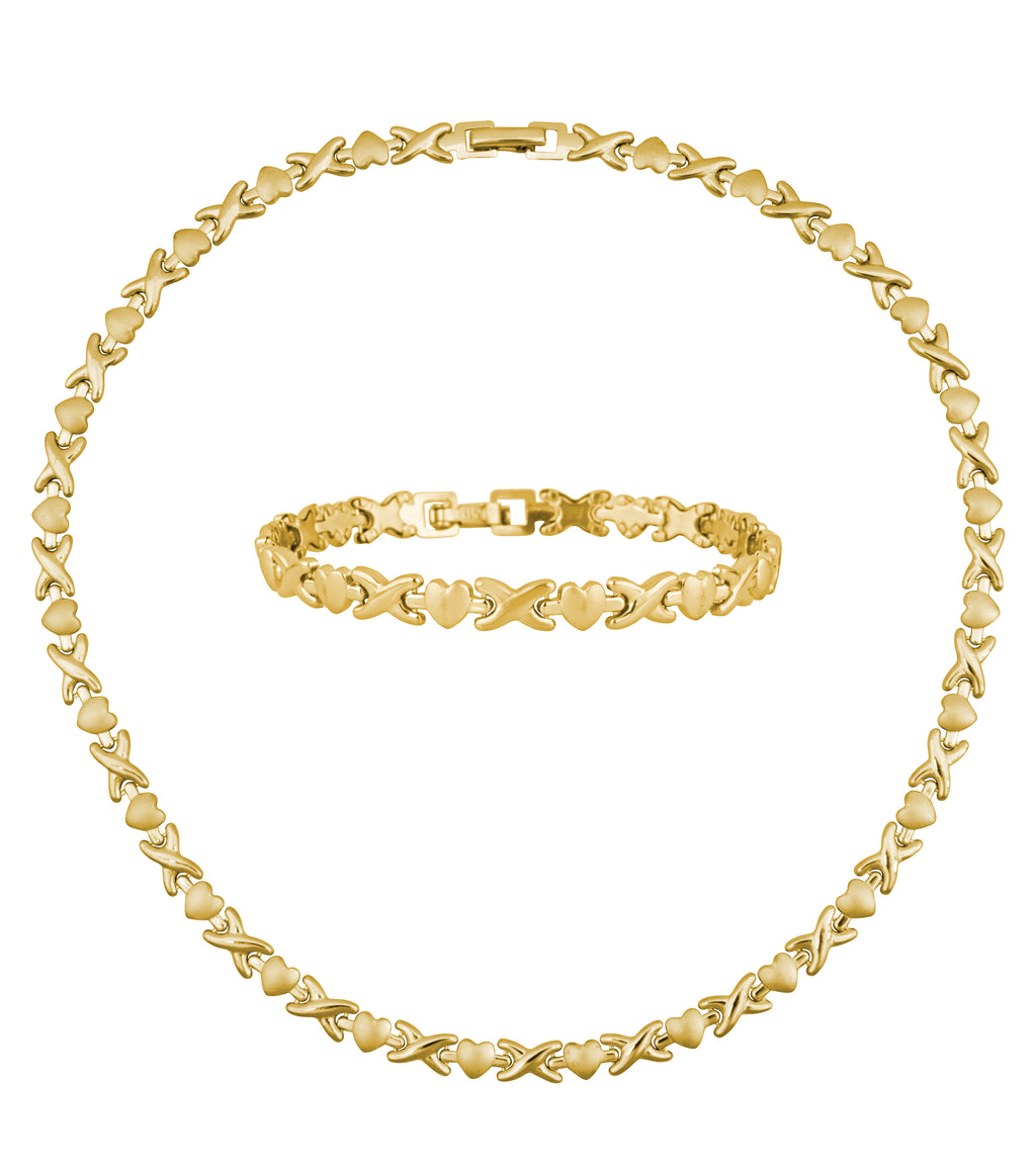 Gold Heart XOXO Necklace and Bracelet Set - Stainless Steel