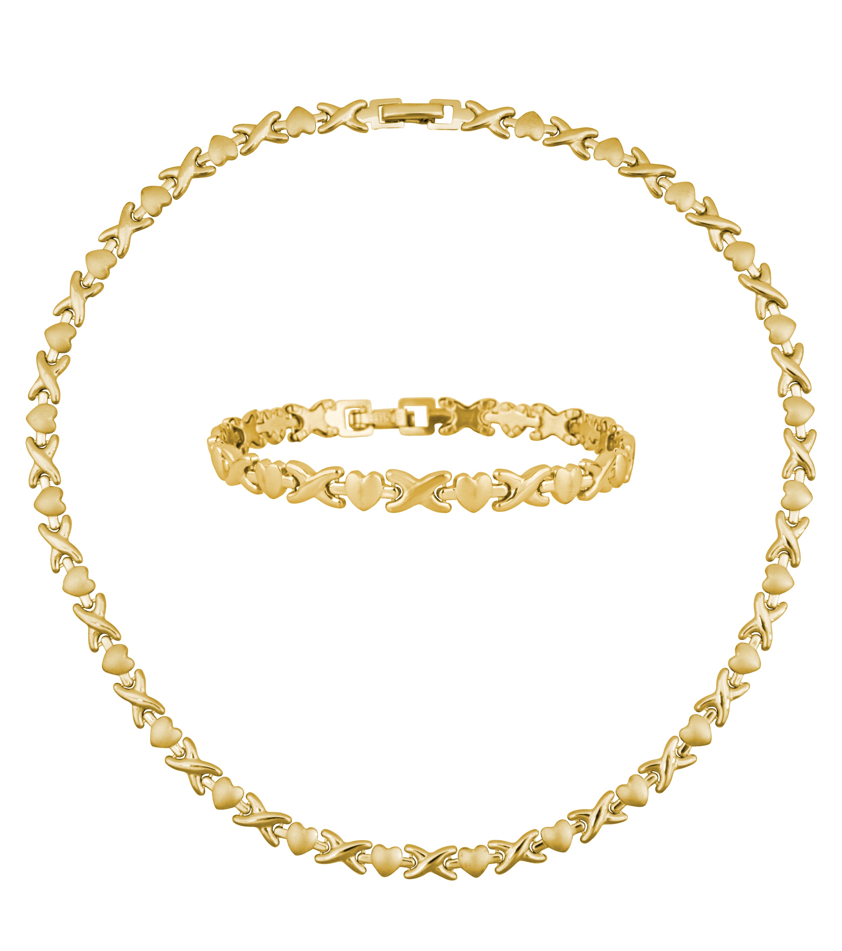 Gold Heart XOXO Necklace and Bracelet Set - Stainless Steel