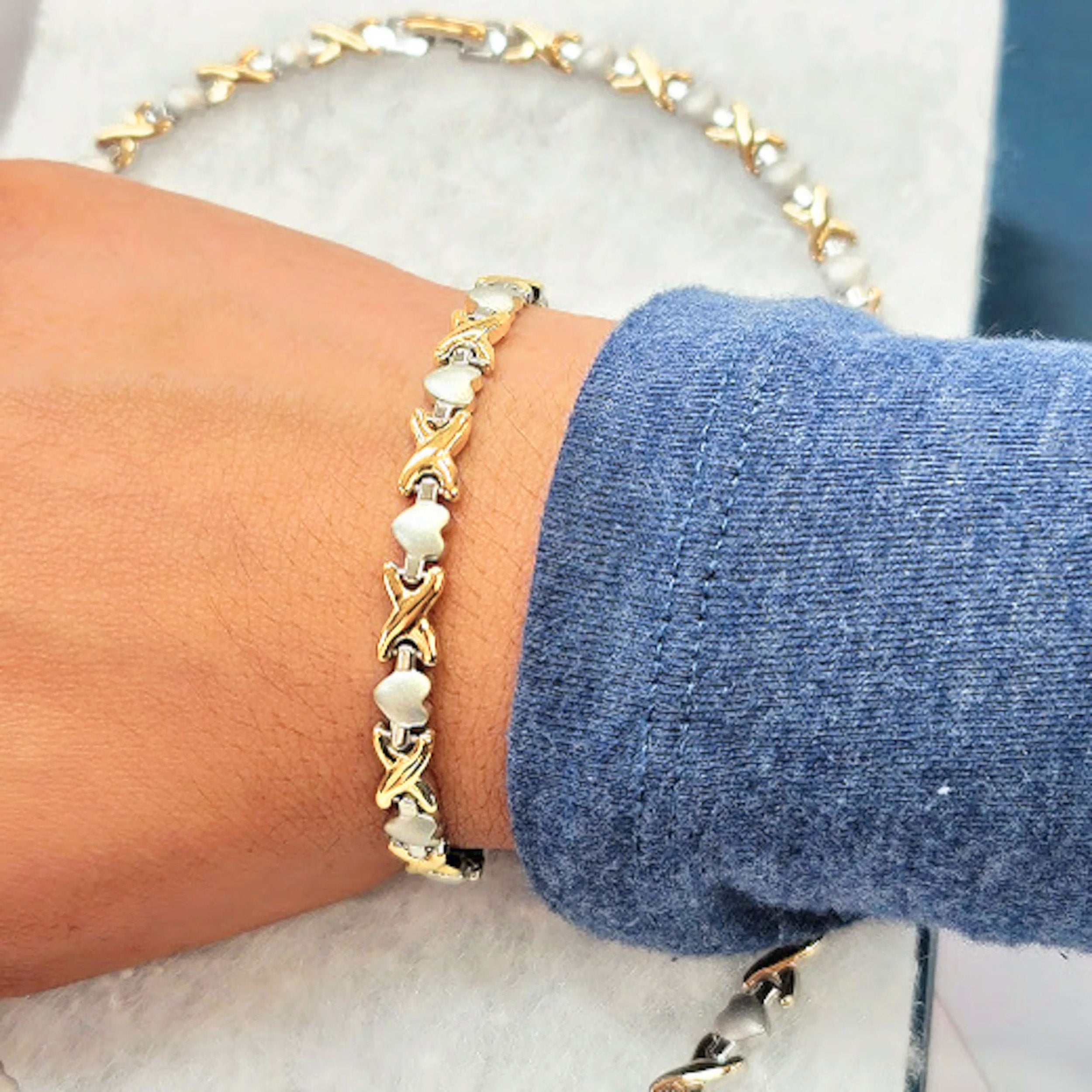 Gold Heart XOXO Necklace and Bracelet Set - Stainless Steel