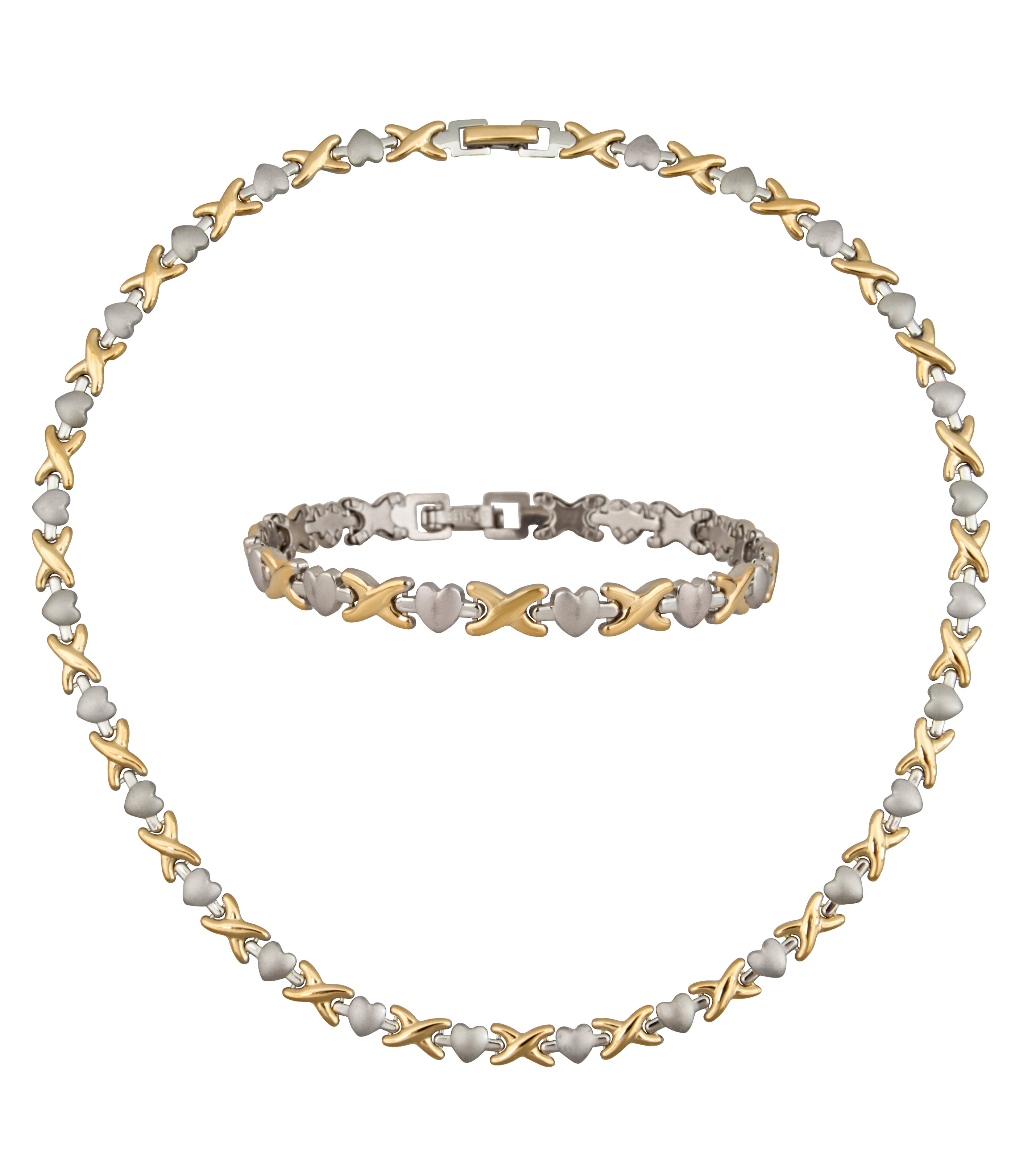 Gold Heart XOXO Necklace and Bracelet Set - Stainless Steel