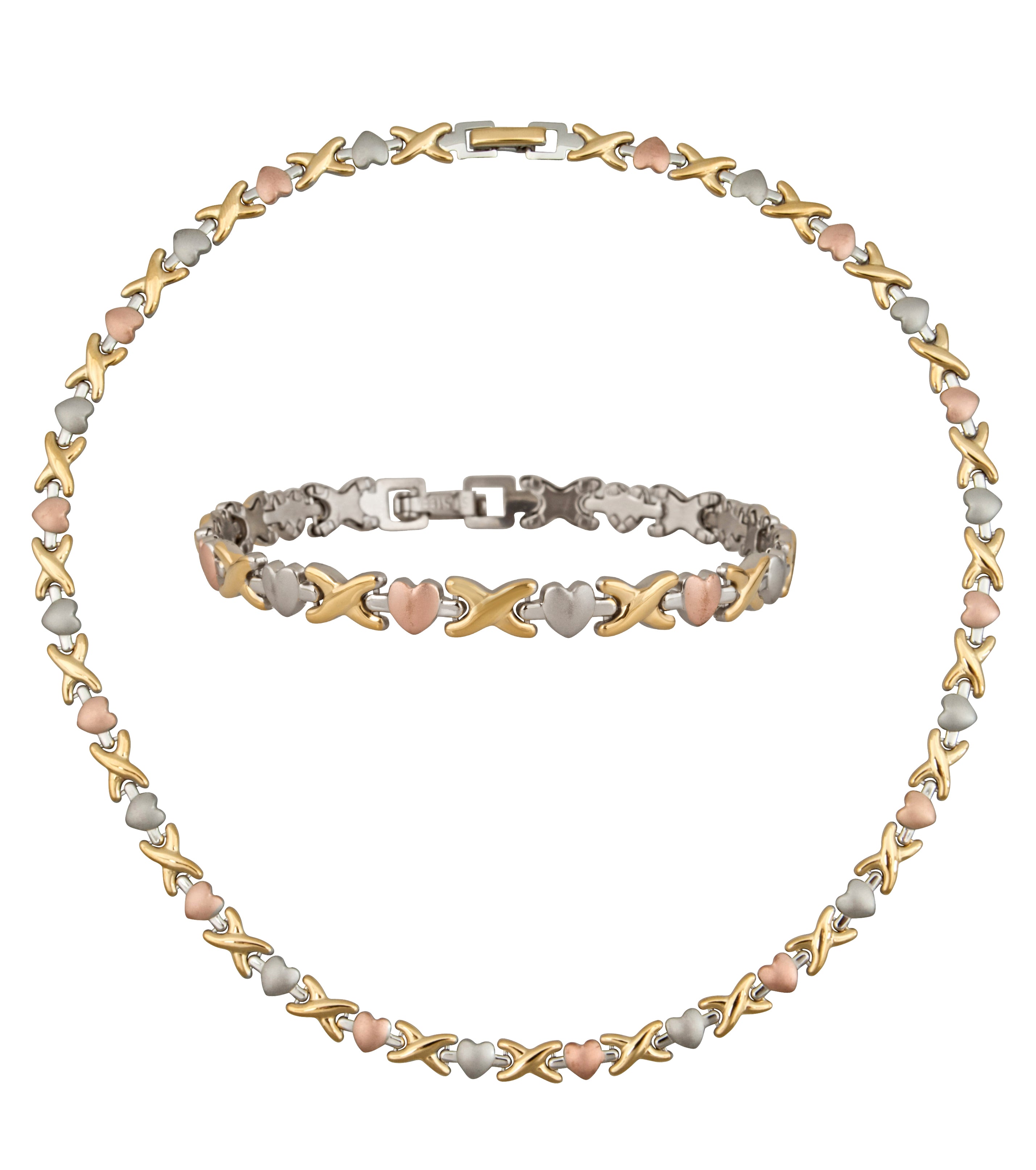 Gold Heart XOXO Necklace and Bracelet Set - Stainless Steel