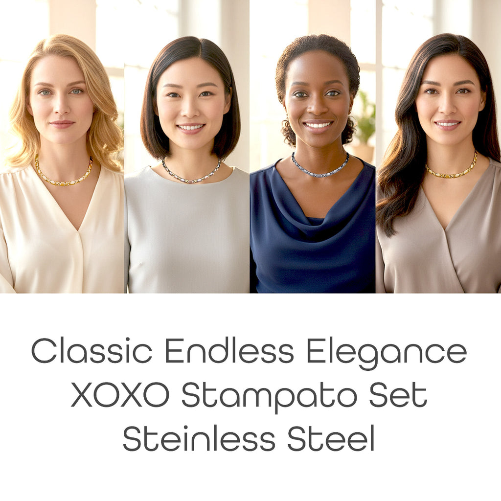 Four women wearing necklaces with the text 'Classic Endless Elegance XOXO Stampato Set Stainless Steel'.